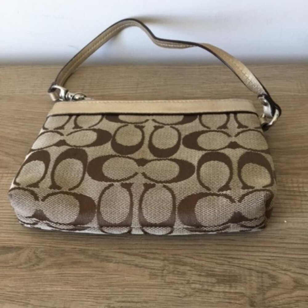 Coach Pleated Wristlet in Khaki and Tan Signature C Jacquard w/Gold Leather Trim - Picture 9 of 10